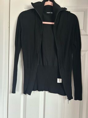 PattyBoutik Black Full-Zip Ribbed Hem Sweater Cardigan